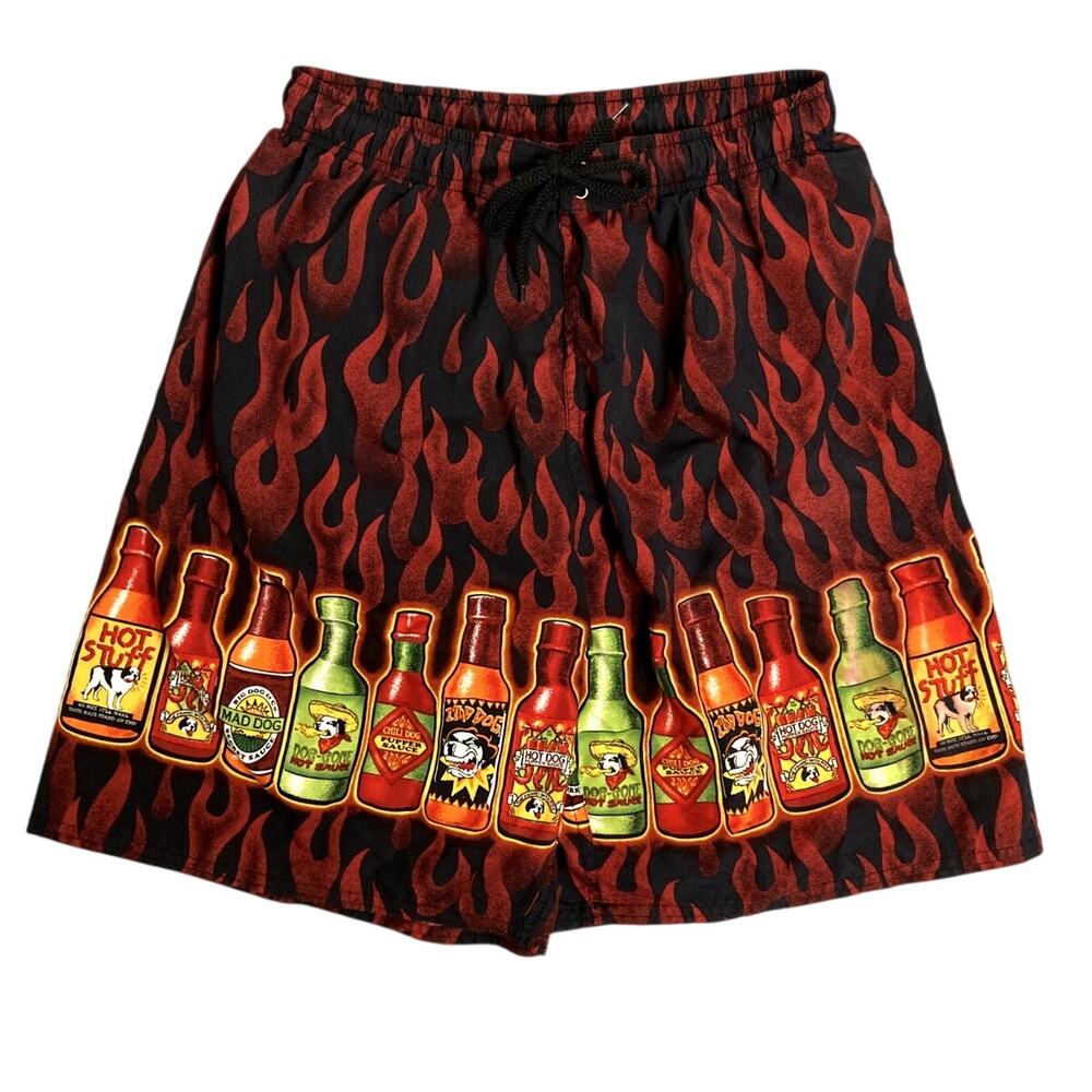 Vtg Big Dog Board Shorts Men's Medium Red Hot Sauce Flames Beach Party‎